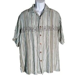 CARIBBEAN‎ Men's Short Sleeve Button Down Striped Hawaiian Shirt Green Large